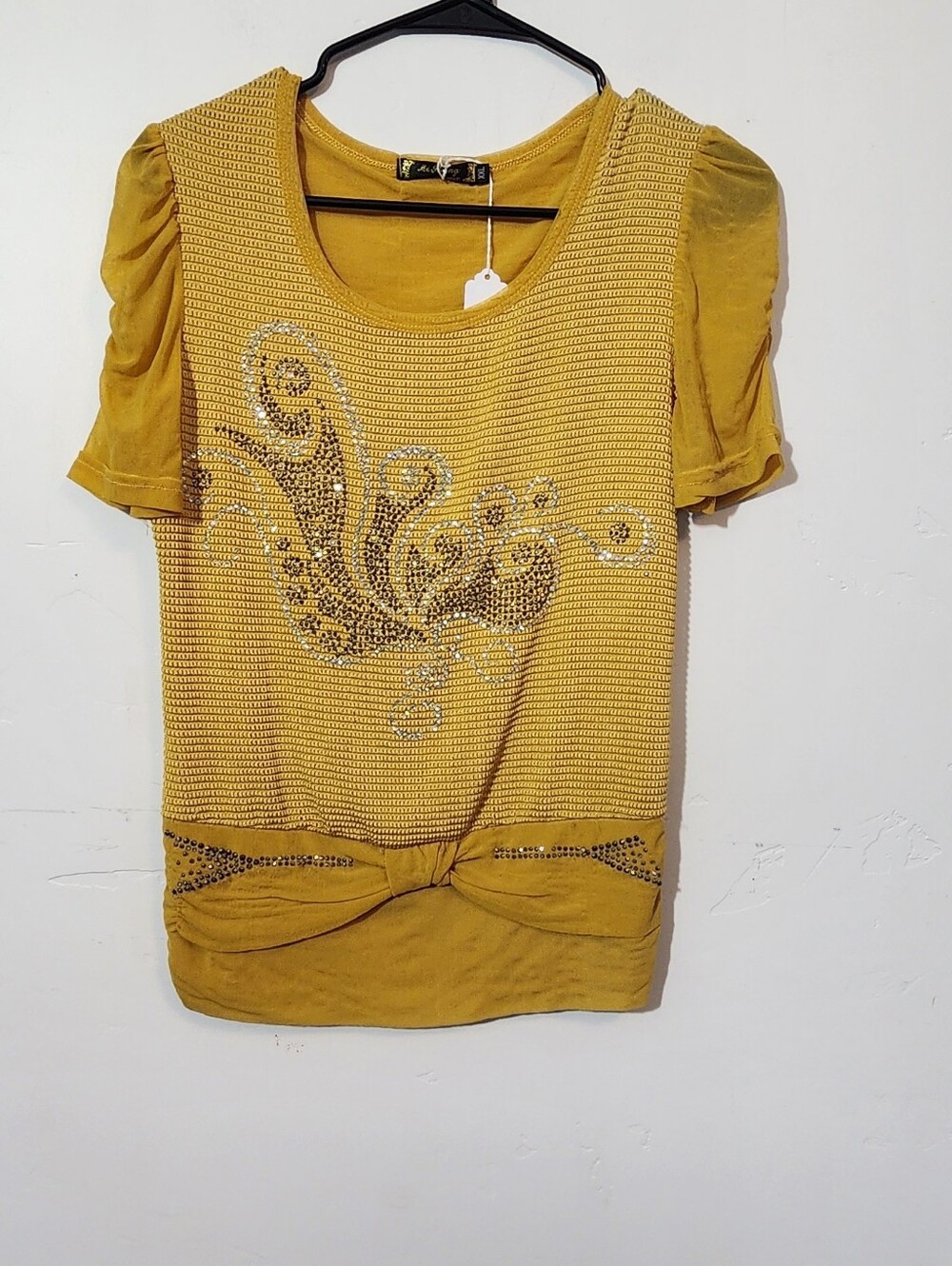 Mustard Knit Overlay Short Sleeve Top - Unbranded